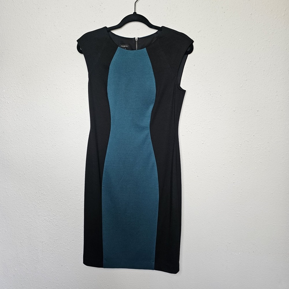 Talbots Womens Size 4 Colorblock Sheath Dress Black Teal Blue Sleeveless Ponte